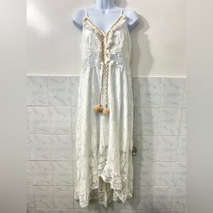 Women’s Lace Crochet Midi Dress S/M White Cottagecore Boho Festival Beach Resort